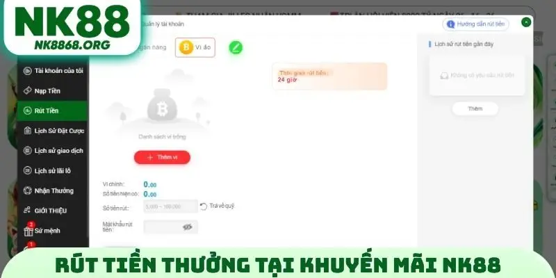 Rút tiền thưởng tại khuyến mãi NK88